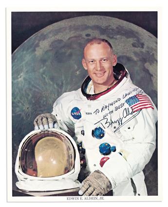(ASTRONAUTS.) Group of 4 color Photographs Signed, or Signed and Inscribed: Buzz Aldrin * Michael Collins * James Lovell * Frank Borman